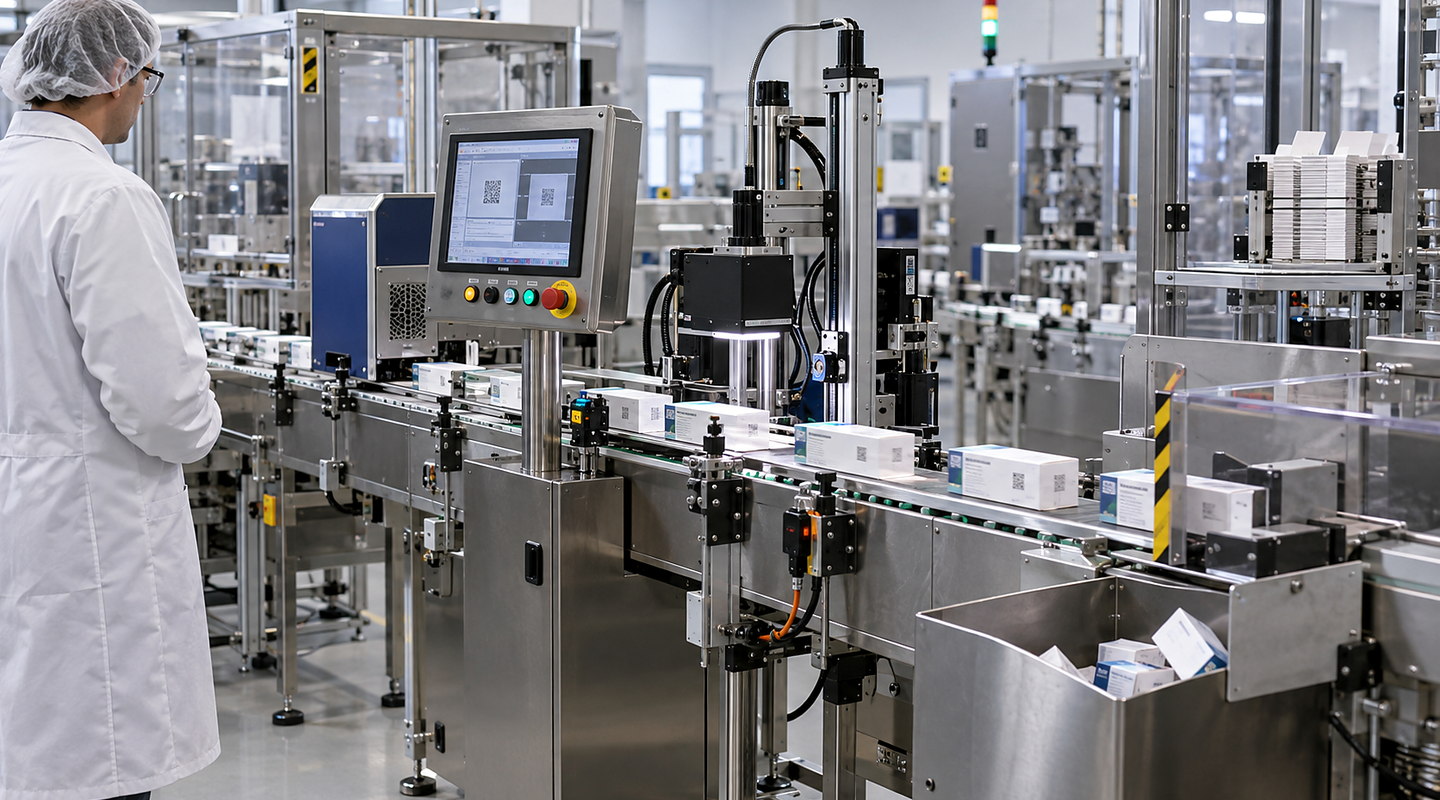 A packaging line applying unique codes while a line controller and verification station record accepted serial numbers.