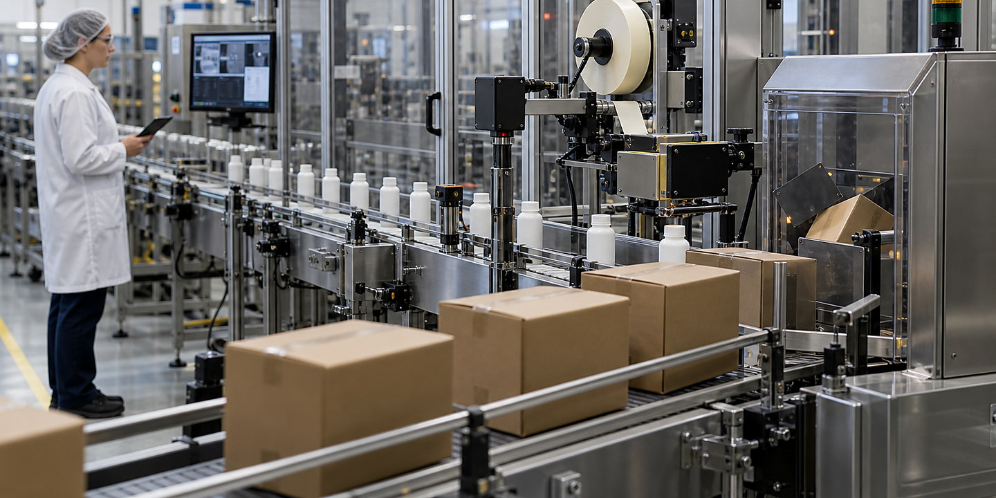 A packaging line applying unique codes while a line controller and verification station record accepted serial numbers.