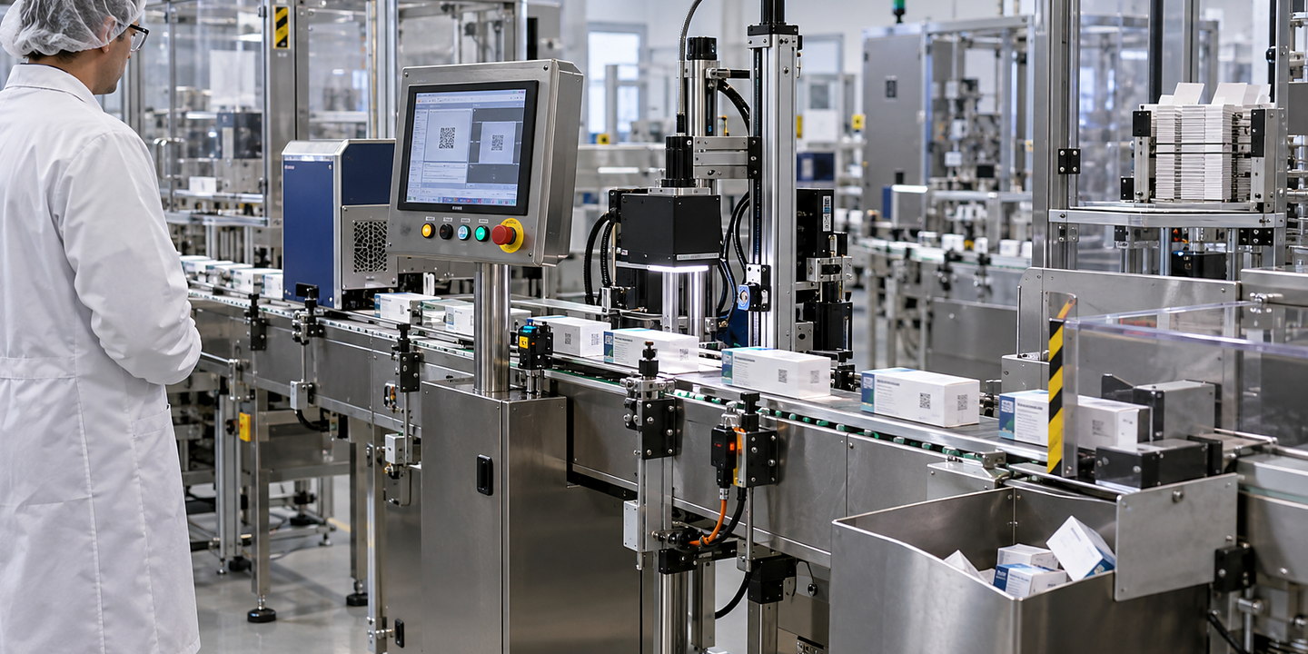 A packaging line applying unique codes while a line controller and verification station record accepted serial numbers.